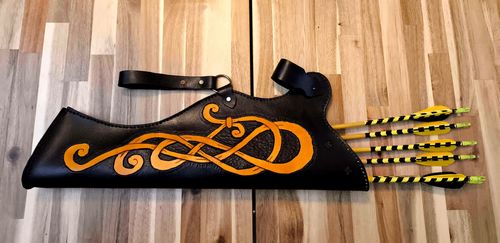 leather quiver in black and yellow with viking norse celtic knot