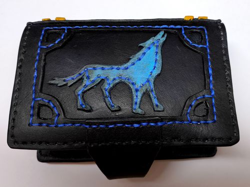 leather tarot deck box with blue wolf