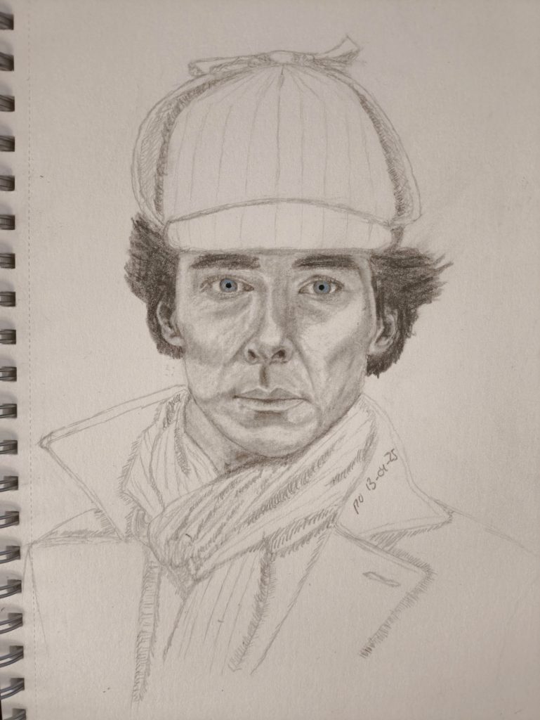 Benedict Cumberbatch portrait as Sherlock Holmes graphite pencil posca pen 13-04-2025