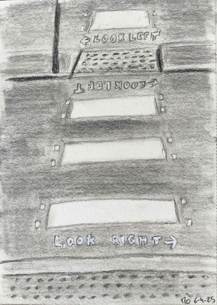 Urban landscape street pedestrian crossing charcol pencil sketching 06-04-25