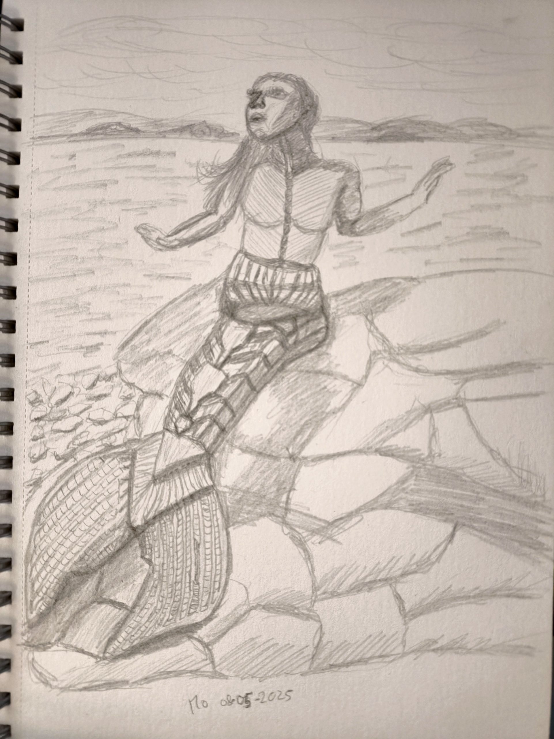 Sketch of a mechanical android robot mermaid
