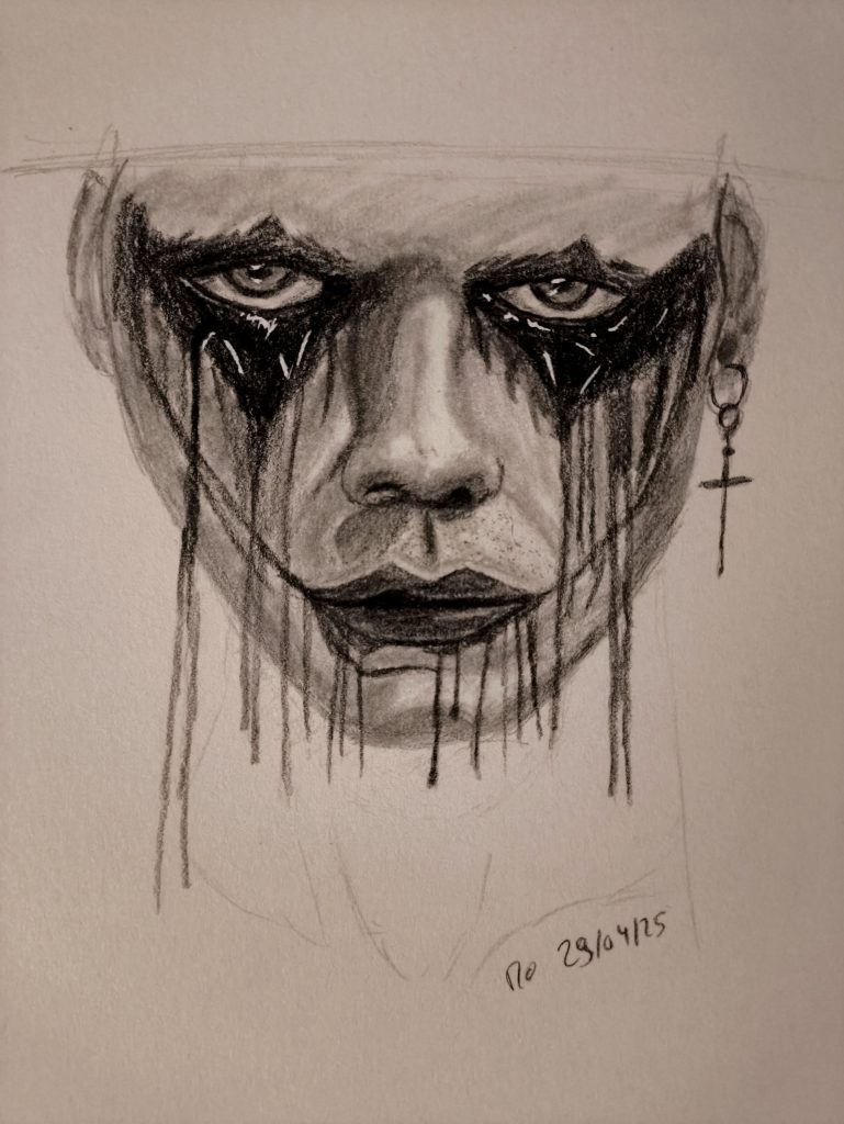 Sketch portrait Bill Skarsgård as Eric Draven The Crow in graphite pencils 29-04-2025