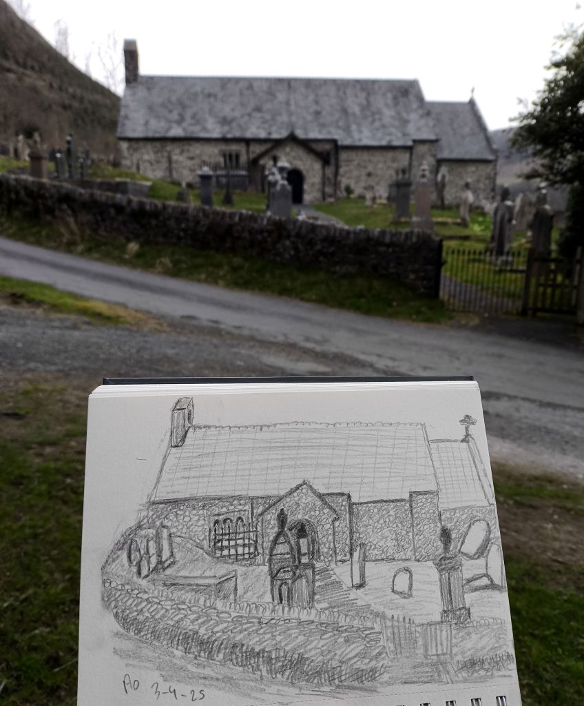 Urban landscape Wales church and graveyard graphite pencil sketching 03-04-25