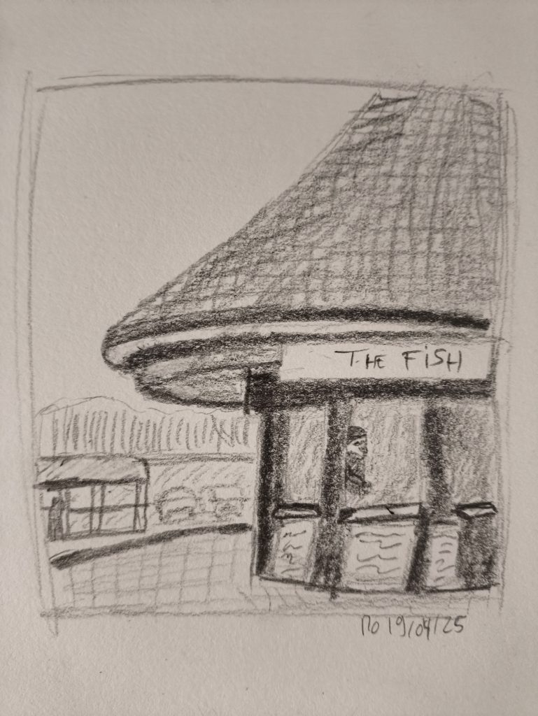 Urban landscape fish and chips shop pencil sketching 19-04-25