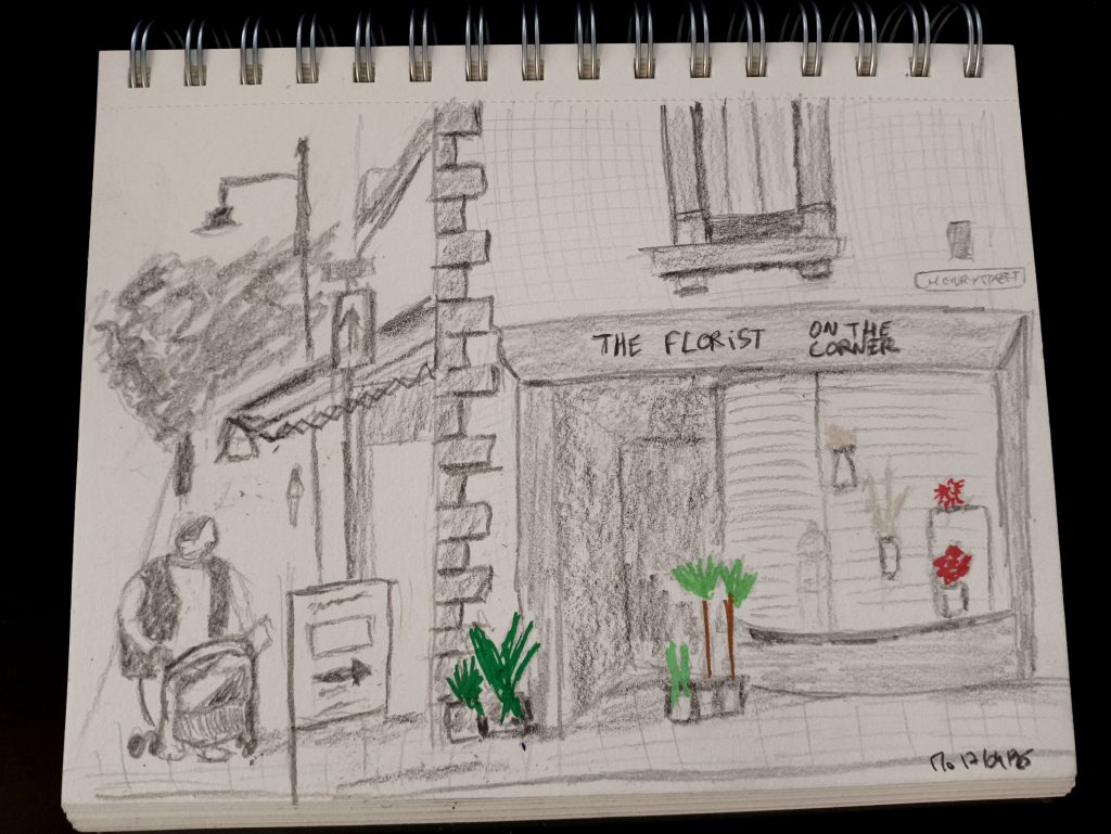 Urban landscape florish and flower shop graphite and color pencil sketching 17-04-25