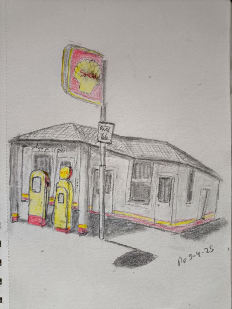 Urban landscapeold shell gaz pump petrol station graphite and colour pencil sketching 09-04-25