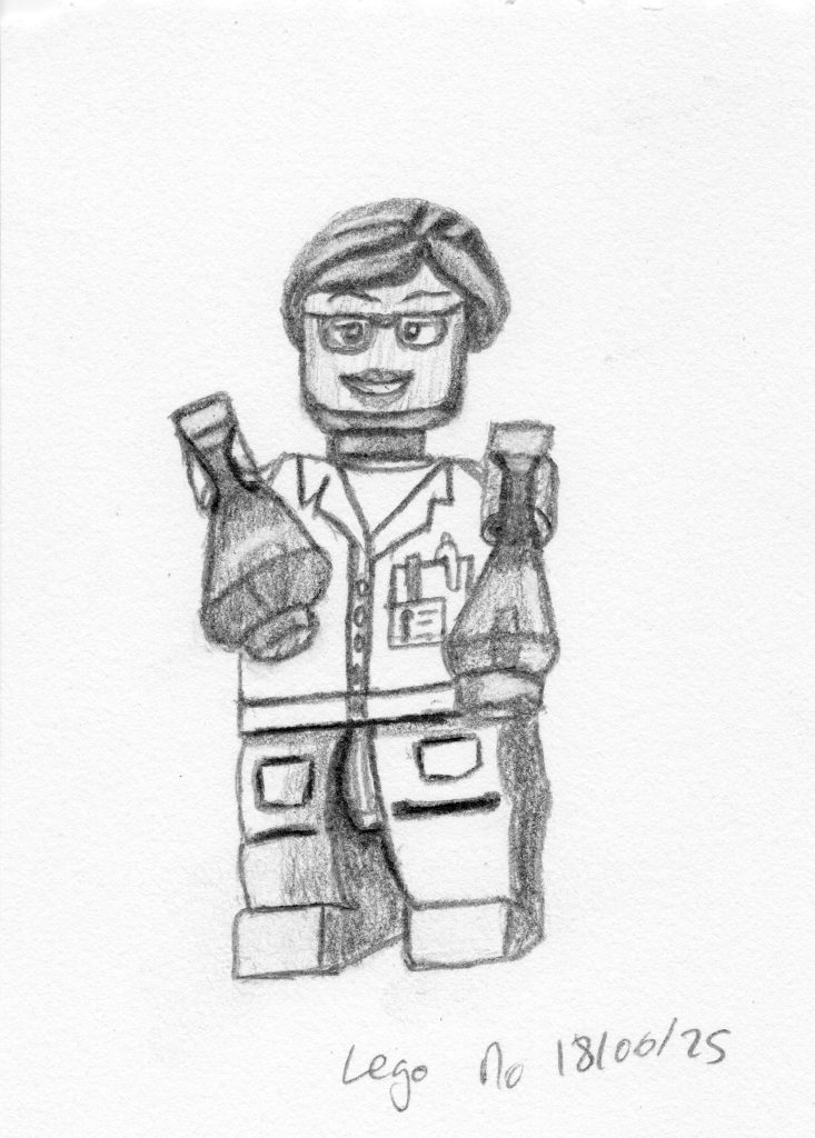 lego figurine scientist graphite pencil