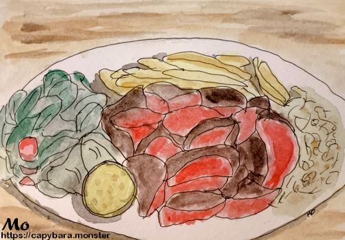 Painting of a steak platter in watercolours