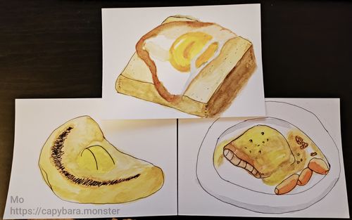 ghibli food omelette egg salmon hollandaise sauce carrots in watercolour